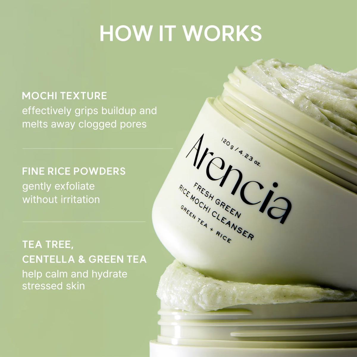 Arencia Fresh Green Rice Mochi Cleanser, Gentle Daily Cleanser for Congestion-Prone Skin, 1.76oz / 4.23oz